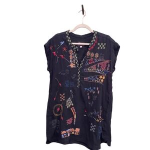 Biya Johnny Was Black Embroidered Cotton Tunic dress Boho Folk Art Biya cotton